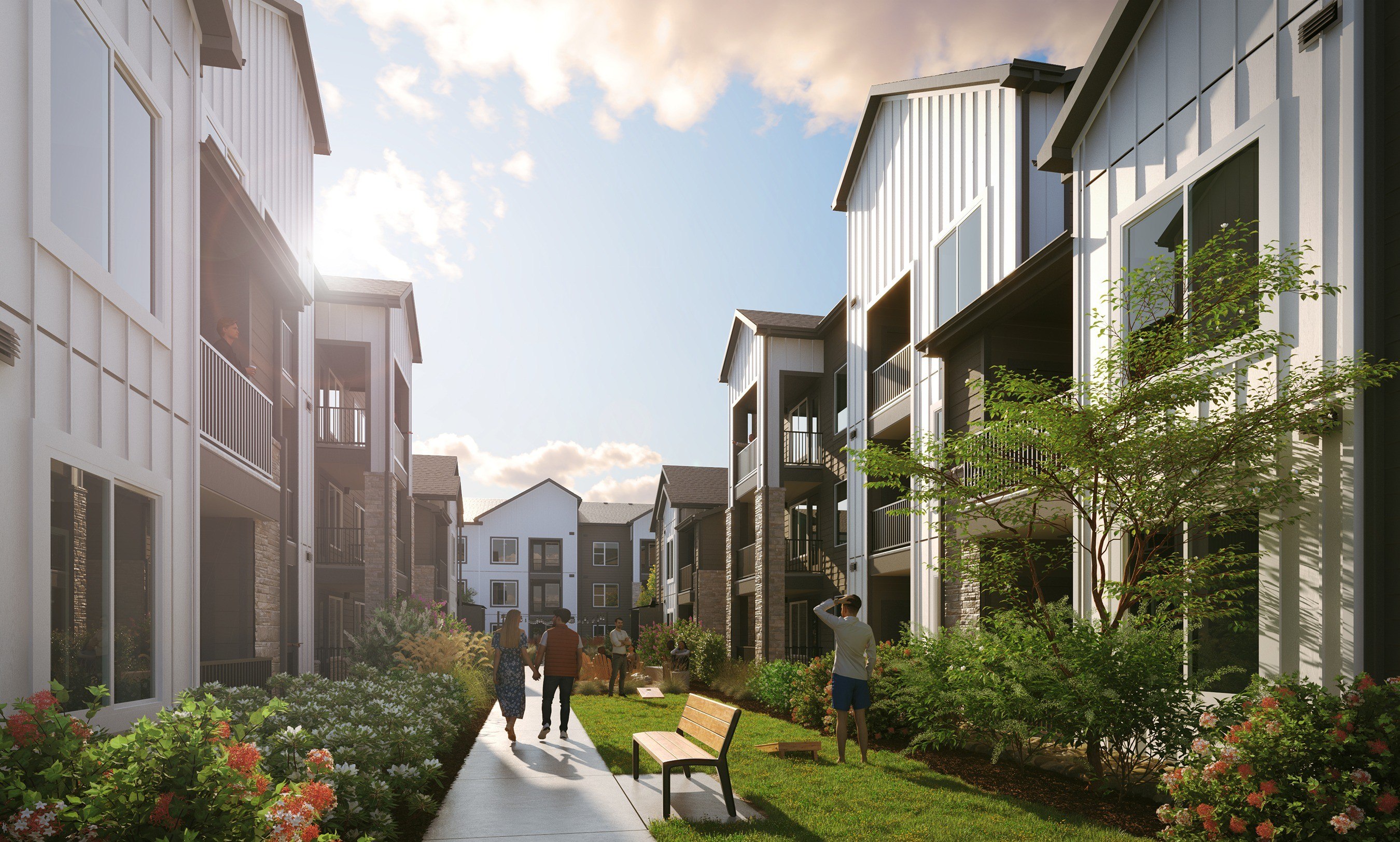 A modern residential area with people walking and talking.